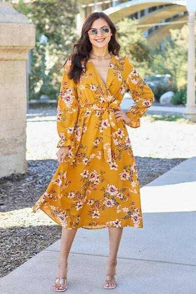 Floral flounce sleeve dress with trendy tie-back detail - Love Salve